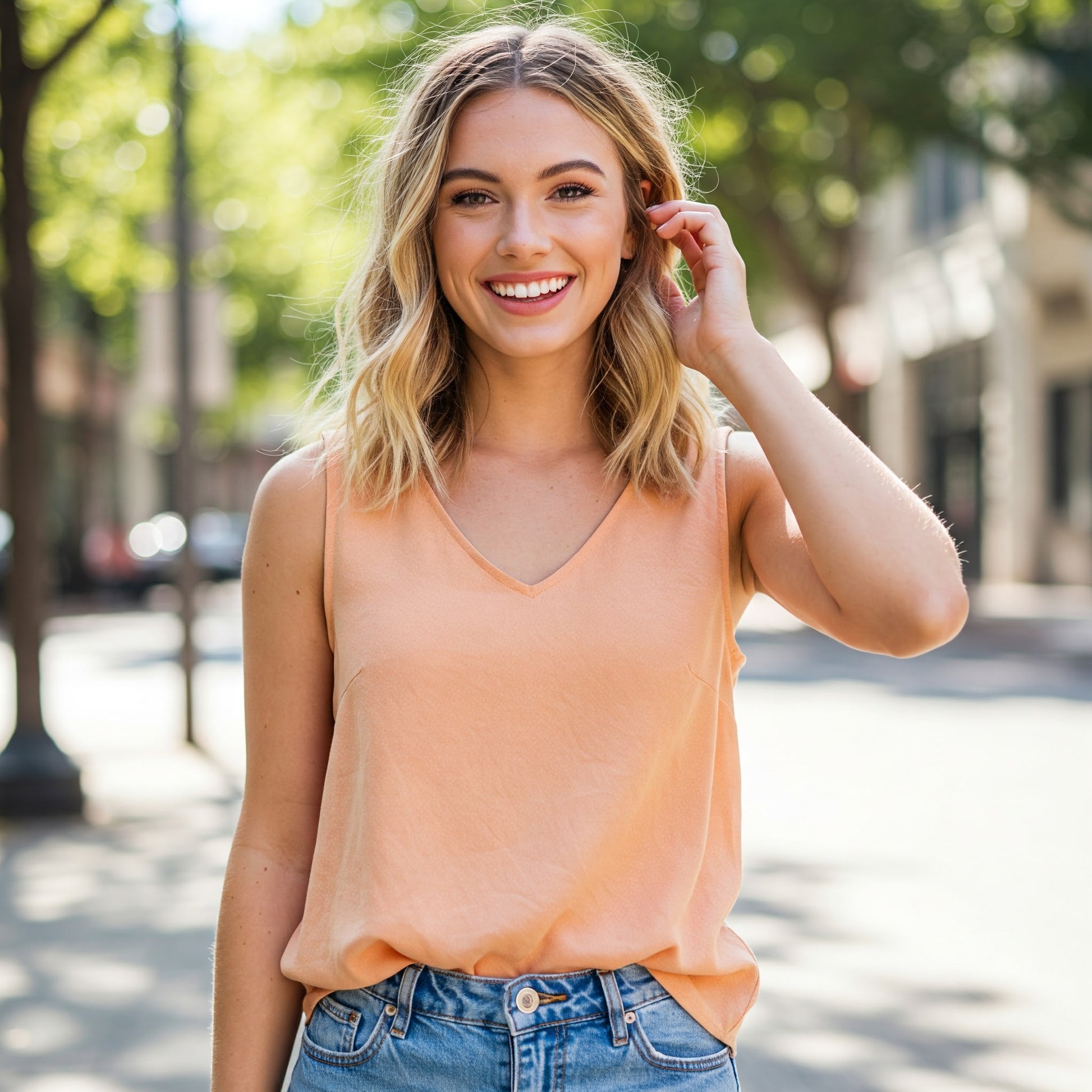 peach sleeveless v-neck womens top befaltu

