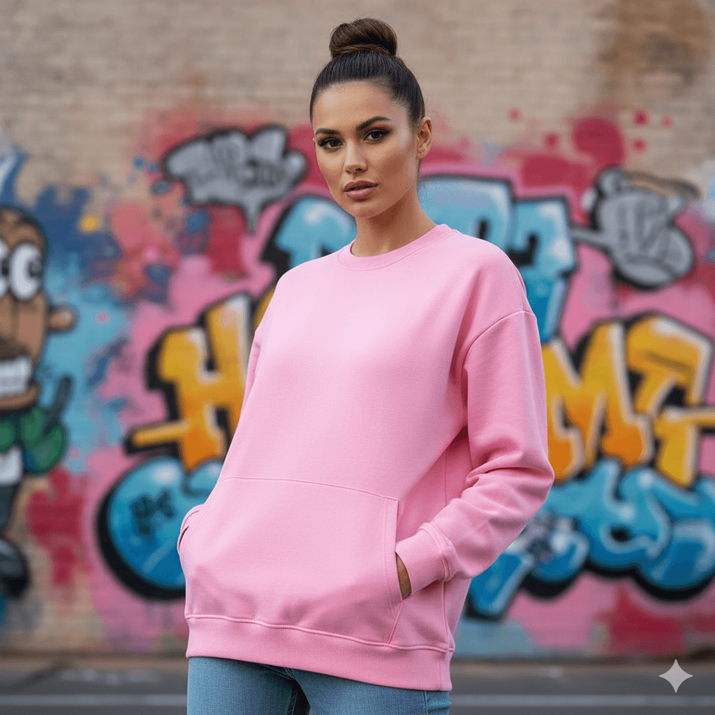 Pink Oversized Fit Crew-Neck Sweatshirt (Kangaroo Pocket) - Befaltu (Bubblegum Comfort Sweatshirt) - Befaltu