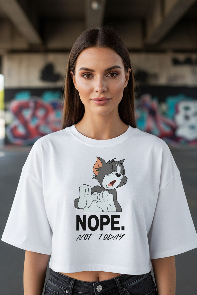 "Nope. Not Today" Cat Graphic Oversized T-Shirt - White Heavyweight Streetwear