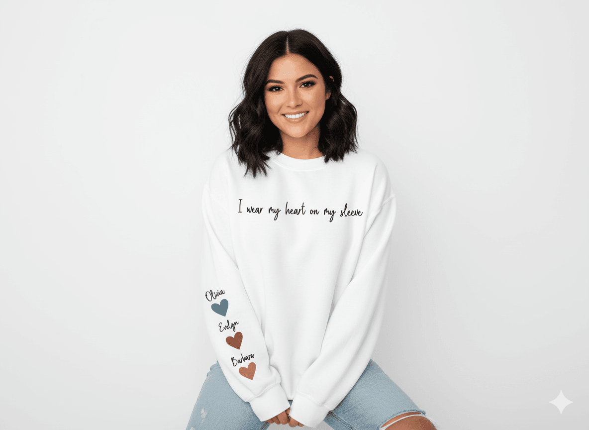 White Crew-Neck Sweatshirt (Personalized Heart on Sleeve) - Befaltu (Customizable Comfort Sweatshirt) - Befaltu