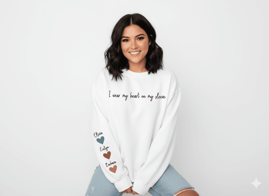 White Crew-Neck Sweatshirt (Personalized Heart on Sleeve) - Befaltu (Customizable Comfort Sweatshirt) - Befaltu