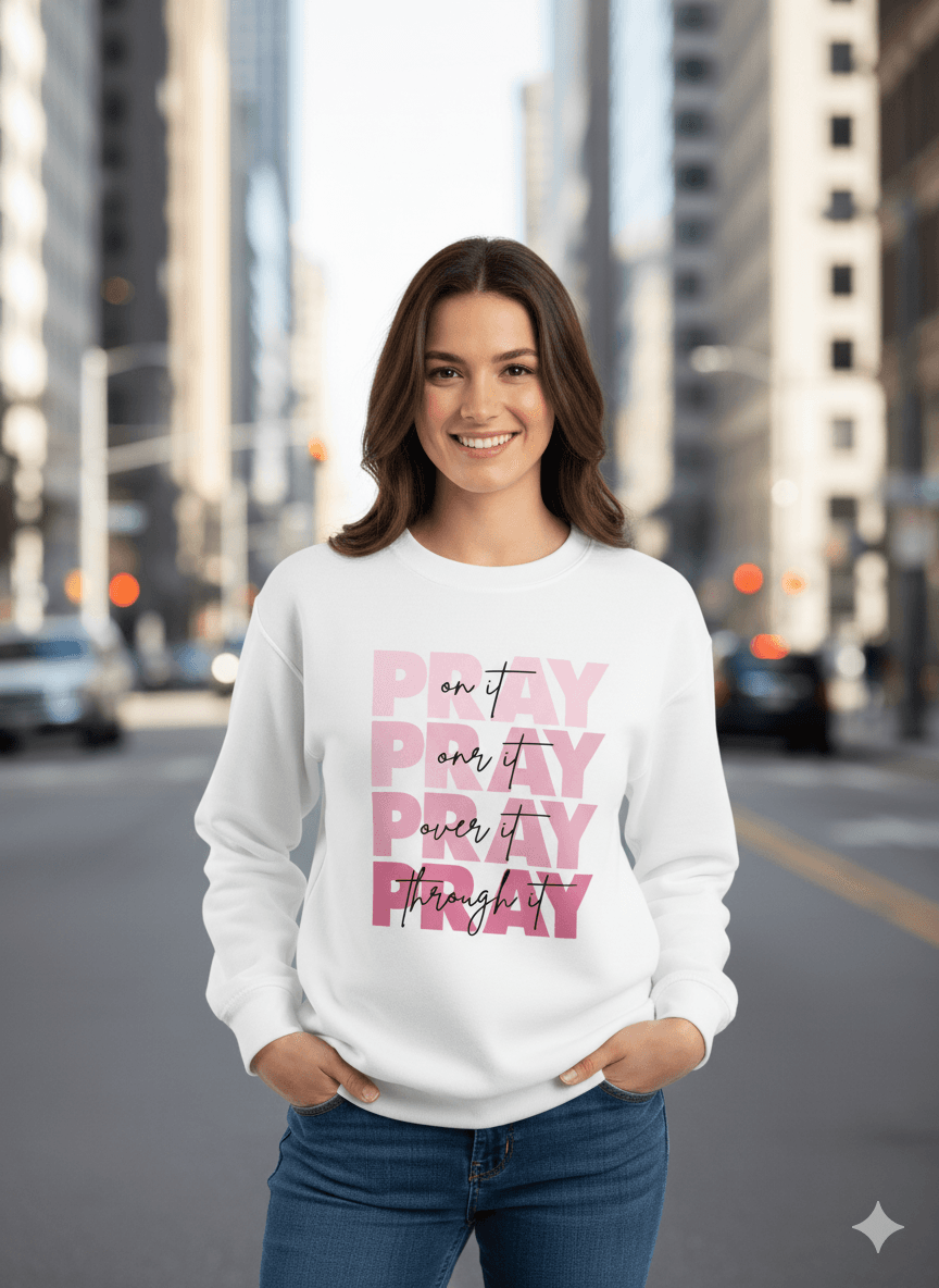 White Crew-Neck Sweatshirt (Layered PRAY Graphic) - Befaltu (Faith Comfort Sweatshirt) - Befaltu