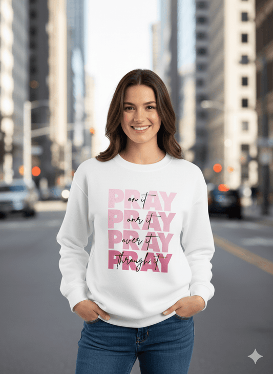 White Crew-Neck Sweatshirt (Layered PRAY Graphic) - Befaltu (Faith Comfort Sweatshirt) - Befaltu