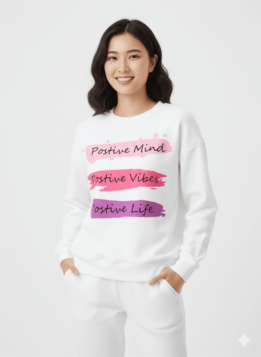 White Crew-Neck Sweatshirt (Colorful Positive Graphic) - Befaltu (Colorful Positivity Sweatshirt) - Befaltu