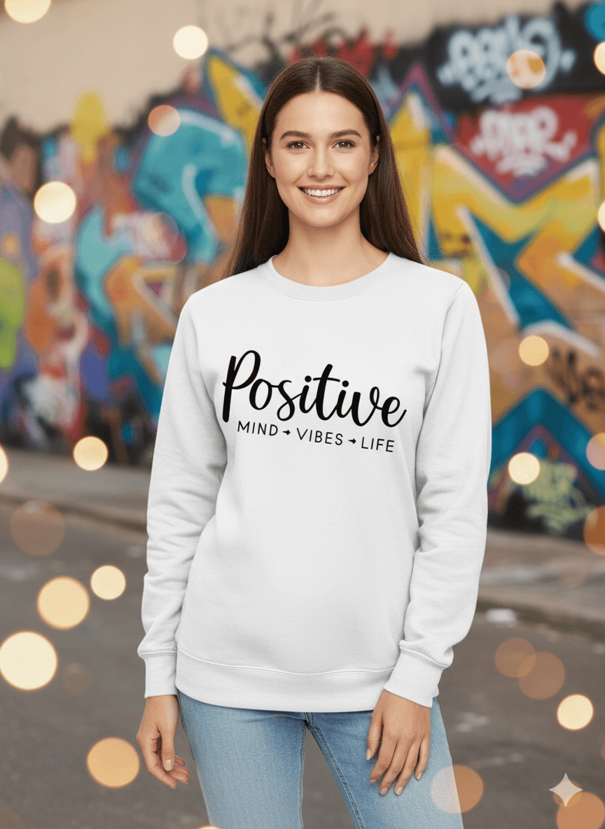 White Crew-Neck Sweatshirt ('Positive' Graphic) - Befaltu (Positive Vibes Sweatshirt) - Befaltu