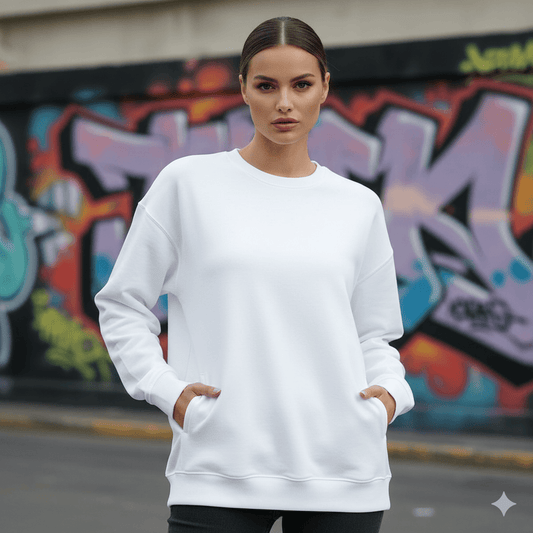 White Oversized Fit Crew-Neck Sweatshirt (Kangaroo Pocket) - Befaltu (Essential Comfort Sweatshirt) - Befaltu