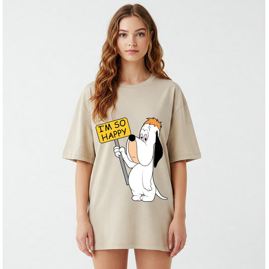 Beige Droopy Dog I'm So Happy Graphic Oversized T-shirt Dress Befaltu