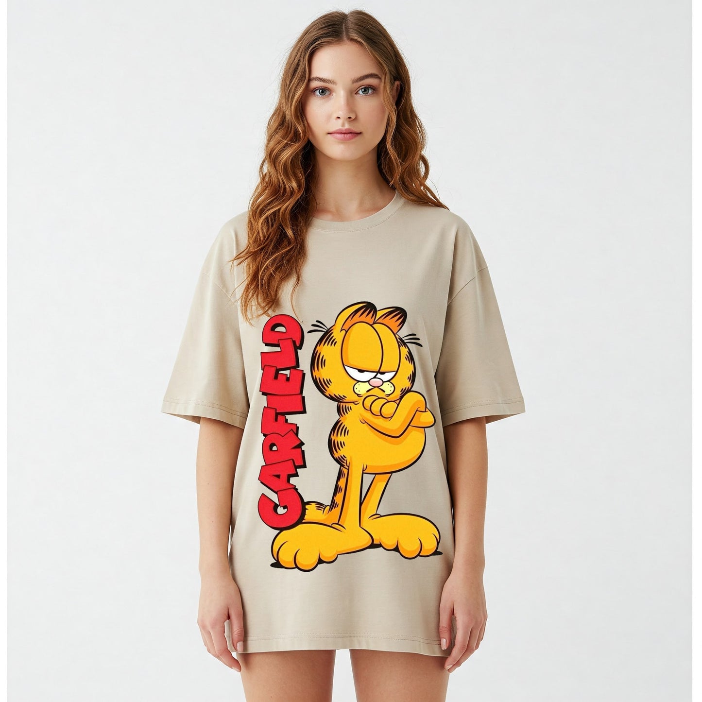 Beige Garfield Standing Graphic Oversized T-shirt Dress Befaltu