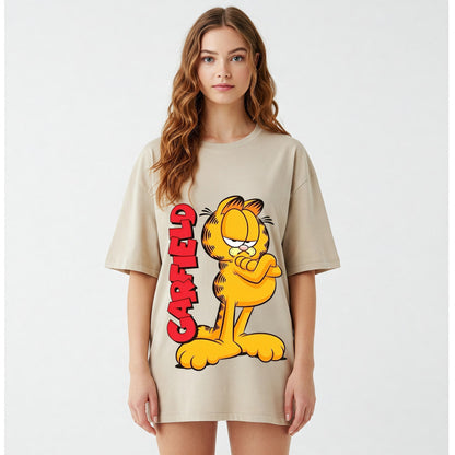 Beige Garfield Standing Graphic Oversized T-shirt Dress Befaltu