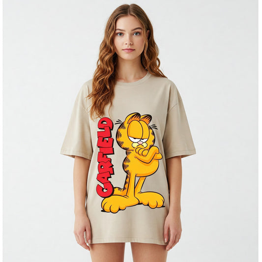 Beige Garfield Standing Graphic Oversized T-shirt Dress Befaltu