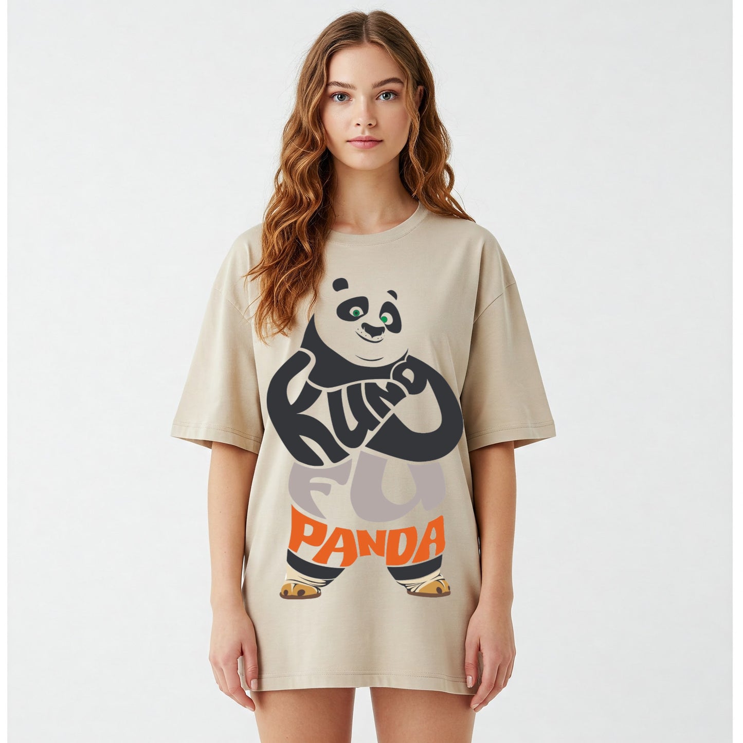 Beige Kung Fu Panda Text Graphic Oversized T-shirt Dress Befaltu