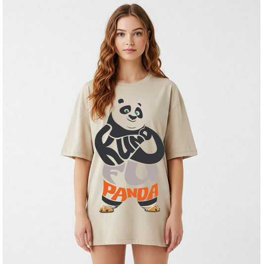 Beige Kung Fu Panda Text Graphic Oversized T-shirt Dress Befaltu