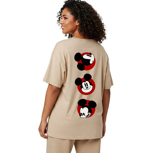 Beige Mickey Mouse Faces Graphic Oversized T-shirt Befaltu