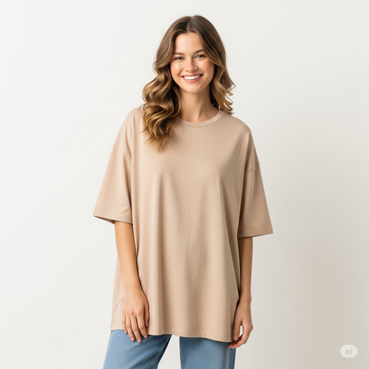 Beige Women's Oversized Fit Crew-Neck T-Shirt - Essential Comfort Tee