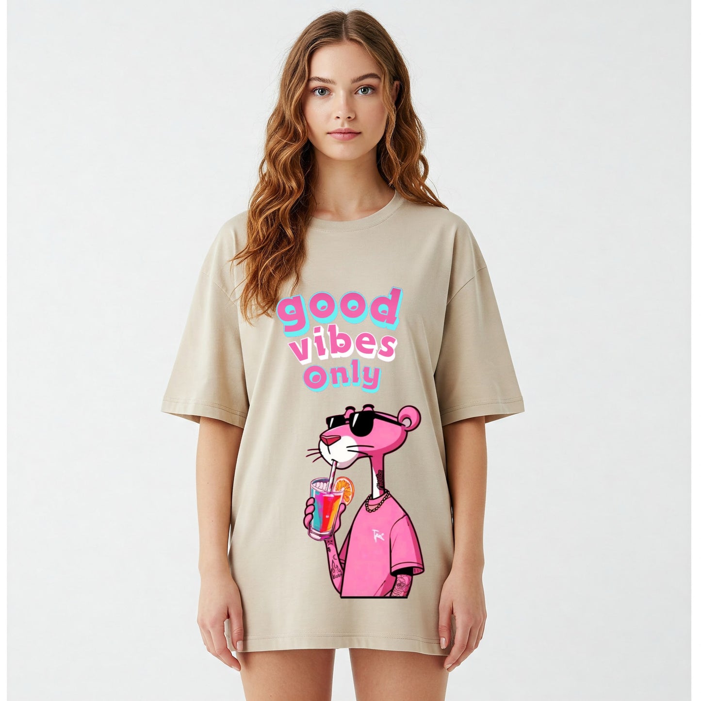 Beige Pink Panther Good Vibes Only Graphic Oversized T-shirt Dress Befaltu