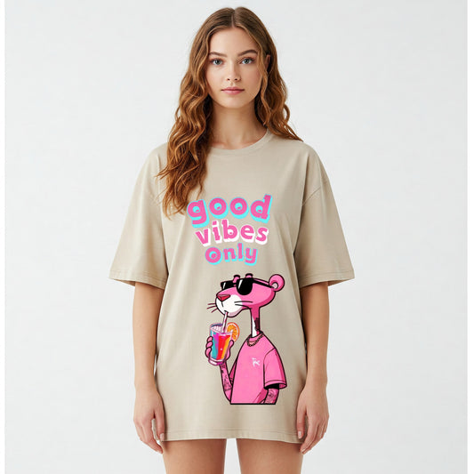 Beige Pink Panther Good Vibes Only Graphic Oversized T-shirt Dress Befaltu