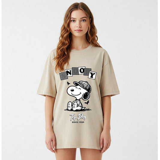 Beige Snoopy Top Dog Since 1950 Graphic Oversized T-shirt Dress Befaltu