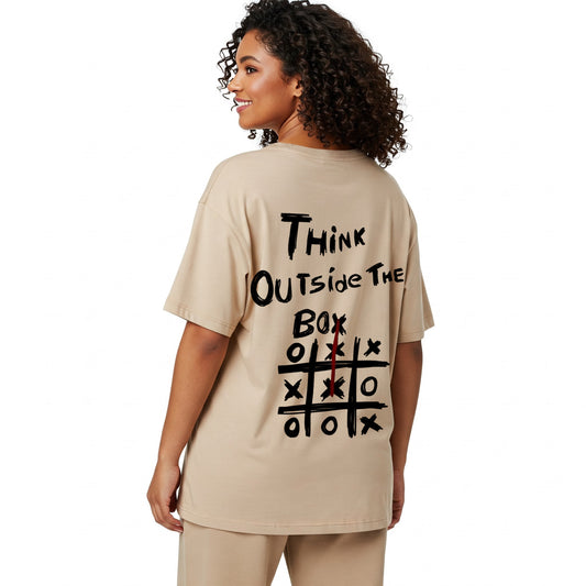 Beige Think Outside The Box Graphic Women's Oversized T-shirt Befaltu