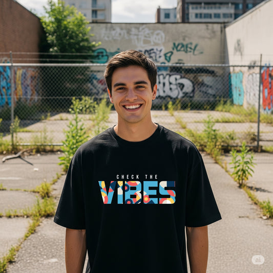 Black "Check The Vibes" Geometric Print Oversized T-shirt - Befaltu (Men's Graphic Tee)