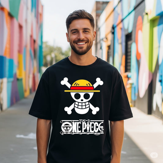 Black One Piece Jolly Roger Oversized T-shirt - Befaltu (Men's Anime Tee