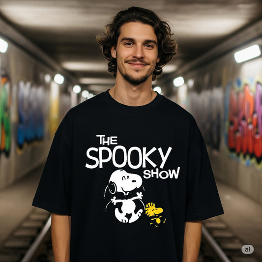 Black Peanuts "The Spooky Show" Snoopy & Woodstock Oversized T-shirt - Befaltu (Men's Halloween Tee)