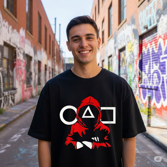 Black Squid Game Inspired Guard Print Oversized T-shirt - Befaltu (Men's Fan Tee)