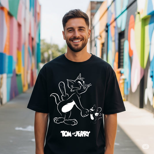 Black Tom and Jerry Classic Chase Oversized T-shirt - Befaltu (Men's Cartoon Tee)