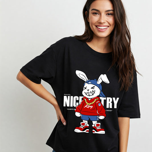 Black Nice Try Bunny Graphic Women's Oversized T-shirt Befaltu