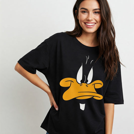 Black Daffy Duck Face Graphic Women's Oversized T-shirt Befaltu