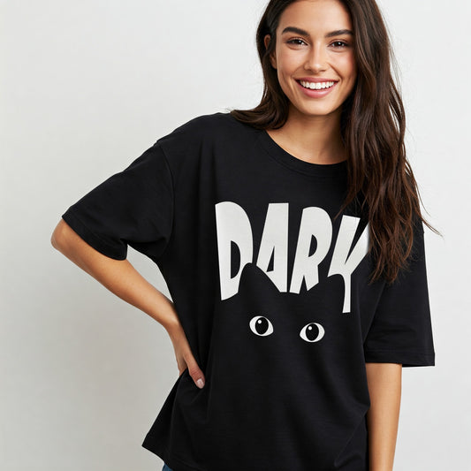 Black Dark Cat Eyes Graphic Women's Oversized T-shirt Befaltu