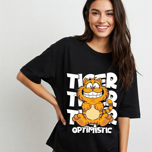 Black Garfield Optimistic Tiger Graphic Women's Oversized T-shirt Befaltu