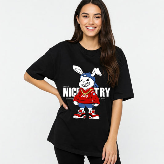 Black Nice Try Bunny Graphic Women's Oversized T-shirt Befaltu