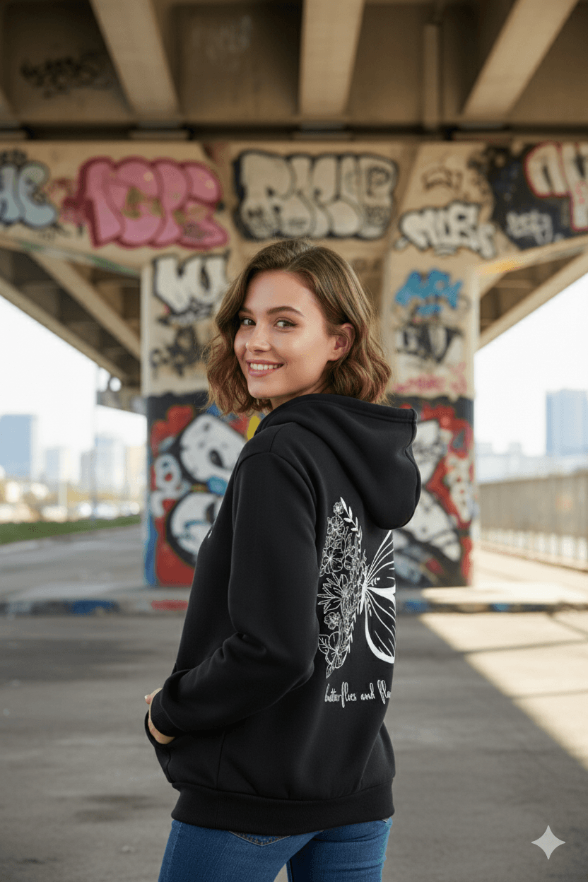 Black Women's Oversized Hooded Sweatshirt (Floral Butterfly Back Graphic) - Befaltu (Butterflies & Dreams Edition) - Befaltu