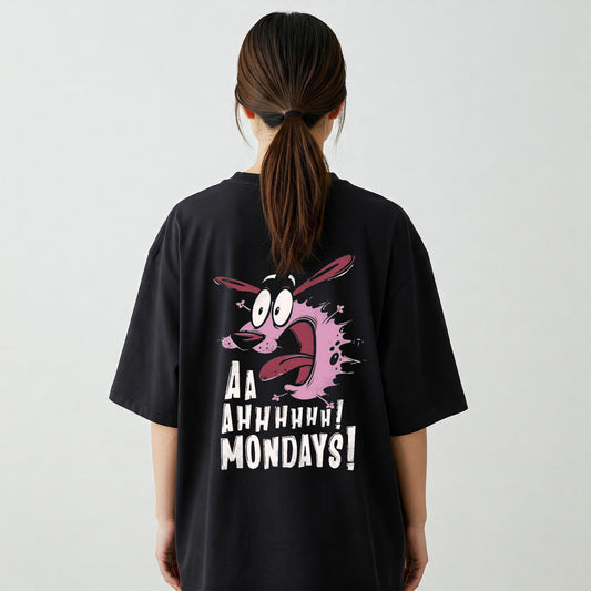 Black Oversized T-Shirt - 'Ahhh, Monday!' Courage the Cowardly Dog Graphic