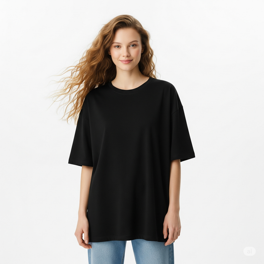 Black Women's Oversized Fit Crew-Neck T-Shirt - Essential Comfort Tee