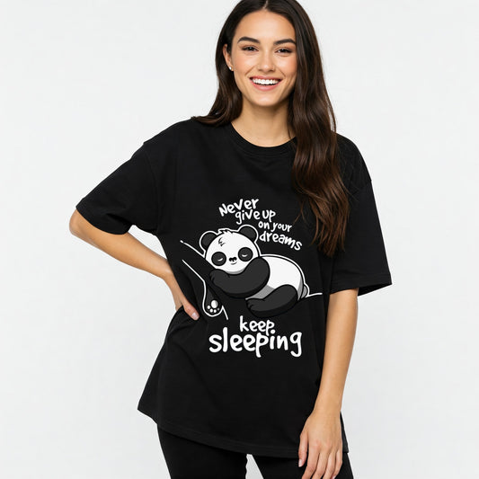 Black Sleeping Panda Dreams Graphic Women's Oversized T-shirt Befaltu