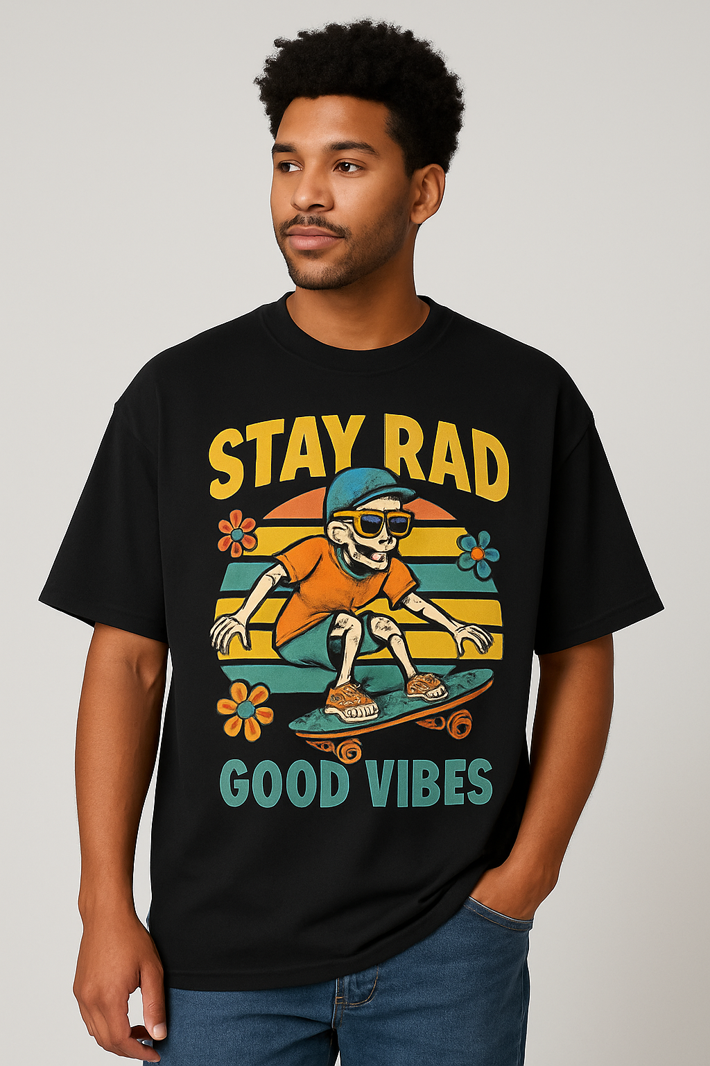 Black Stay Rad Good Vibes Graphic Men's T-Shirt Befaltu