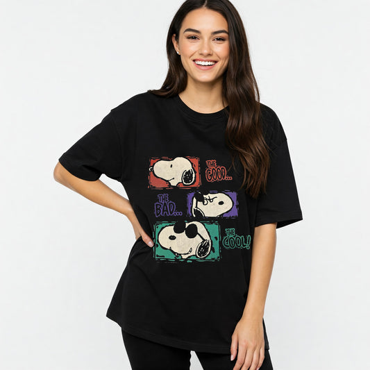 Black The Good Bad Cool Snoopy Graphic Women's Oversized T-shirt Befaltu