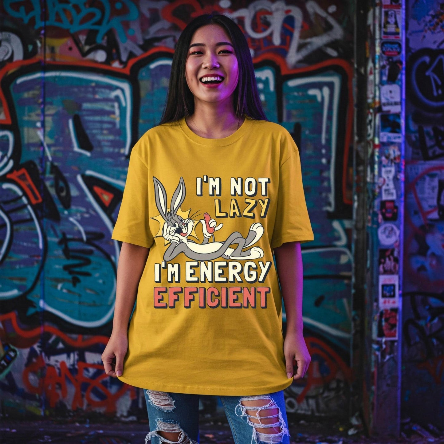 Bugs Bunny Lazy Energy Efficient Women's T-shirt | Yellow Cartoon Tee | Befaltu - Befaltu