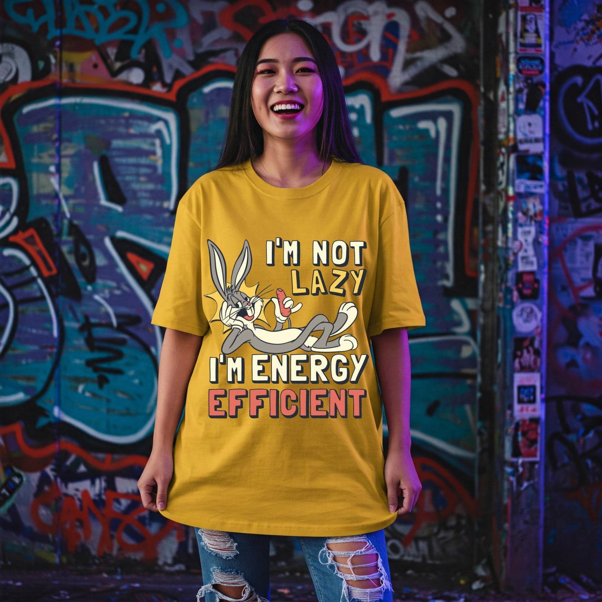 Bugs Bunny Lazy Energy Efficient Women's T-shirt | Yellow Cartoon Tee | Befaltu - Befaltu