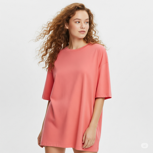 Woman wearing a coral-colored dress on a white background