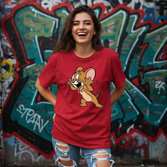 Happy Jerry Women's T-shirt | Red Cartoon Tee | Befaltu - Befaltu