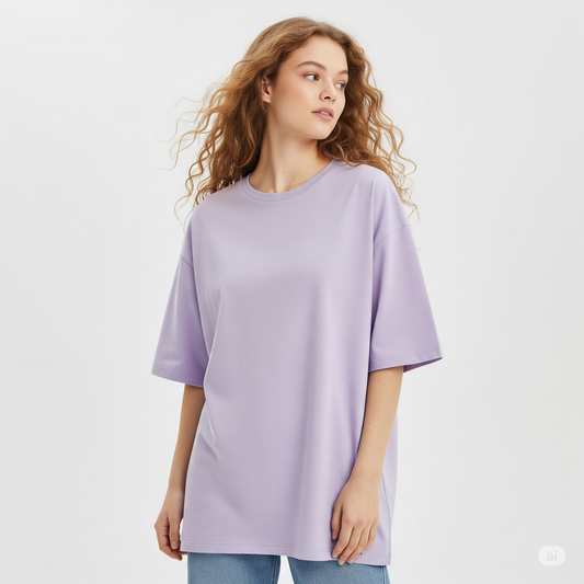 Woman wearing a light purple t-shirt on a white background