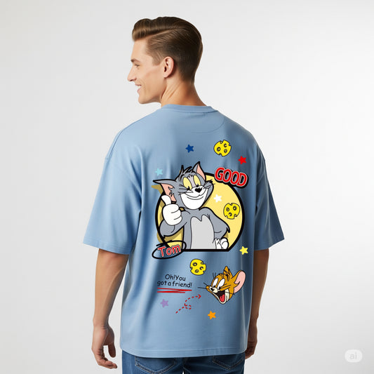 Light Blue Tom & Jerry "GOOD" Graphic Oversized T-shirt - Befaltu (Men's Cartoon Tee)