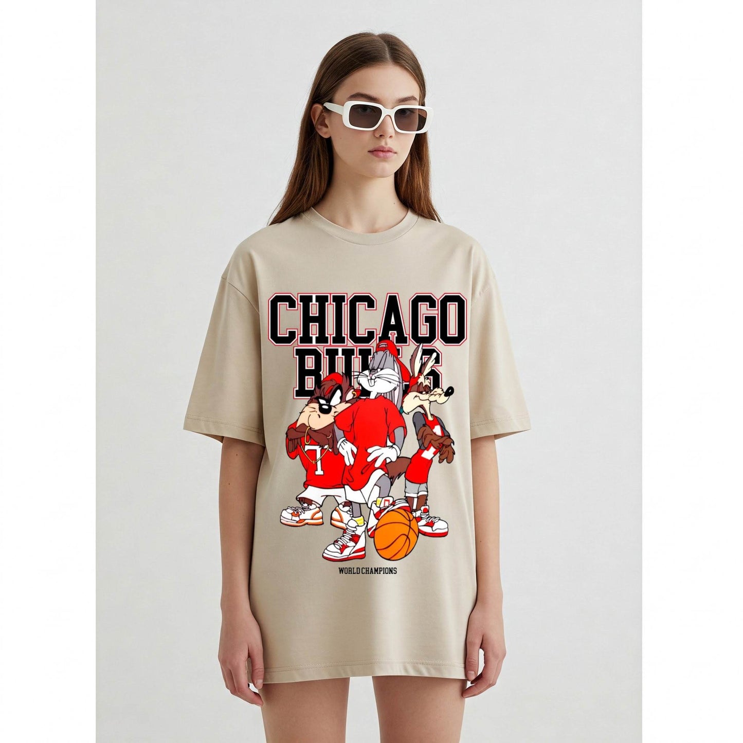Looney Tunes Chicago Bulls Women's T-shirt | Beige Cartoon Tee | Befaltu - Befaltu