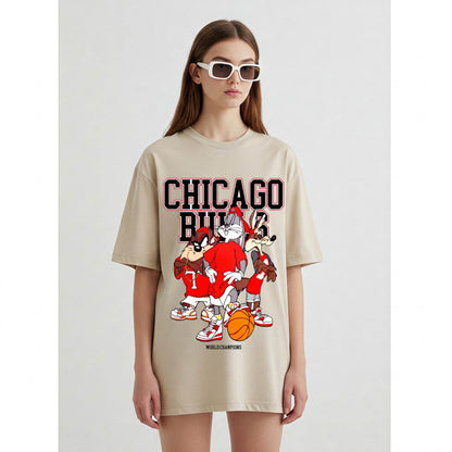 Looney Tunes Chicago Bulls Women's T-shirt | Beige Cartoon Tee | Befaltu - Befaltu
