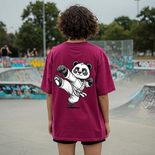 Maroon Karate Panda Graphic Women's Oversized T-shirt Befaltu