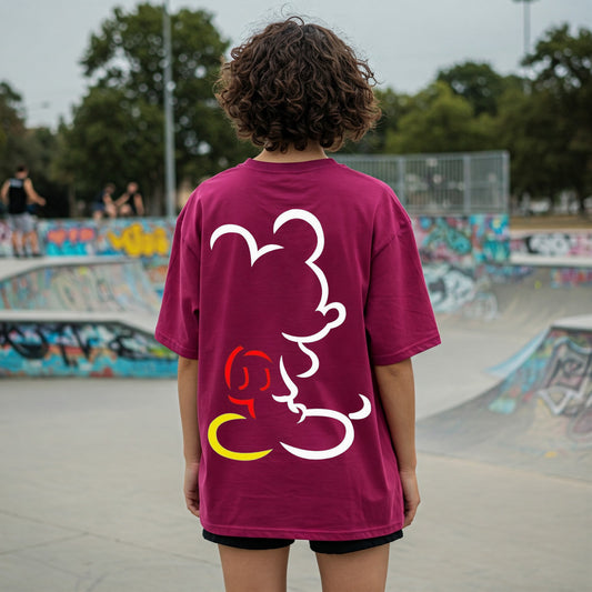 Maroon Mickey Mouse Outline Graphic Women's Oversized T-shirt Befaltu