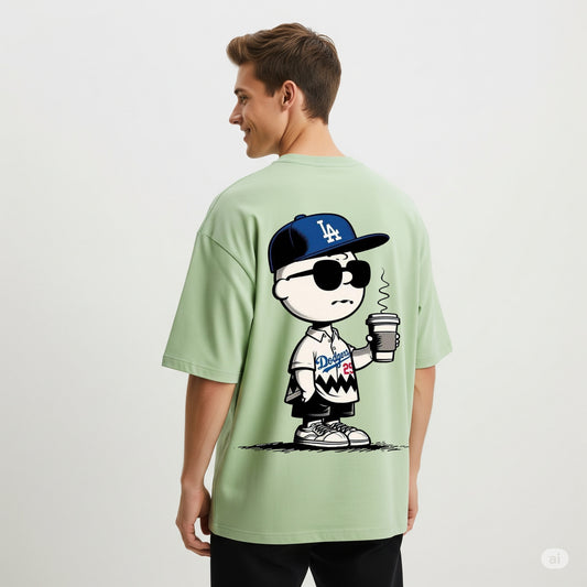 Mint Green Peanuts Charlie Brown "Dodgers Coffee" Oversized T-shirt - Befaltu (Men's Graphic Tee)