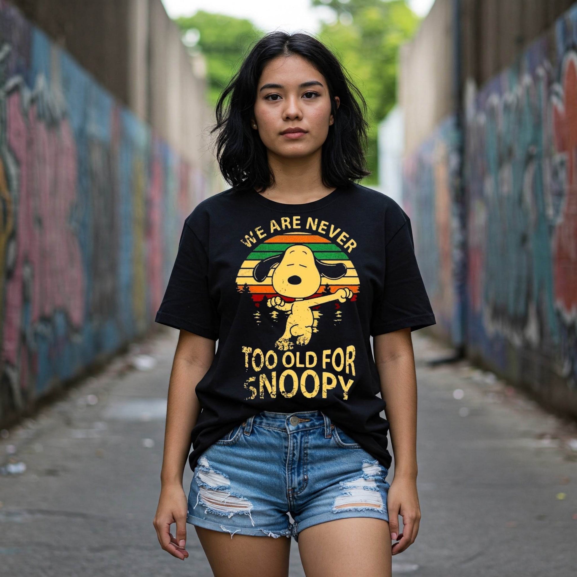 Never Too Old For Snoopy Women's T-shirt | Black Peanuts Tee | Befaltu - Befaltu